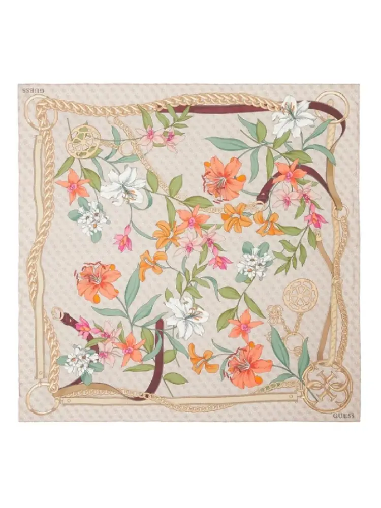 foulard con stampa floreale multicolore con catene dorate e logo negli angoli