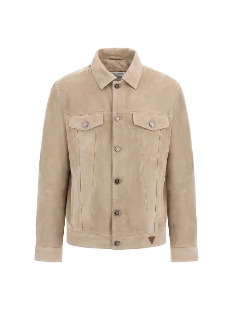 giacca beige in simil scamosciato con colletto e bottoni