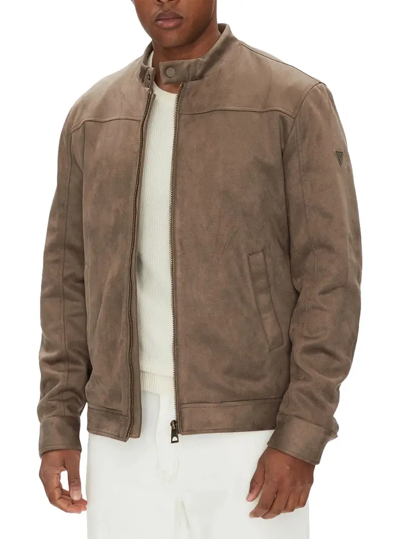 giubbino di pelle guess suede biker da uomo - beige
