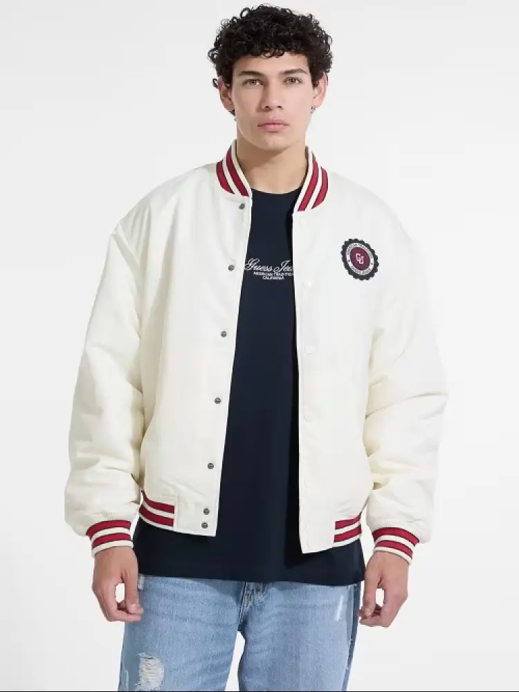 giubbotto bomber baseball in nylon bianco con loghi ricamati fronte e retro