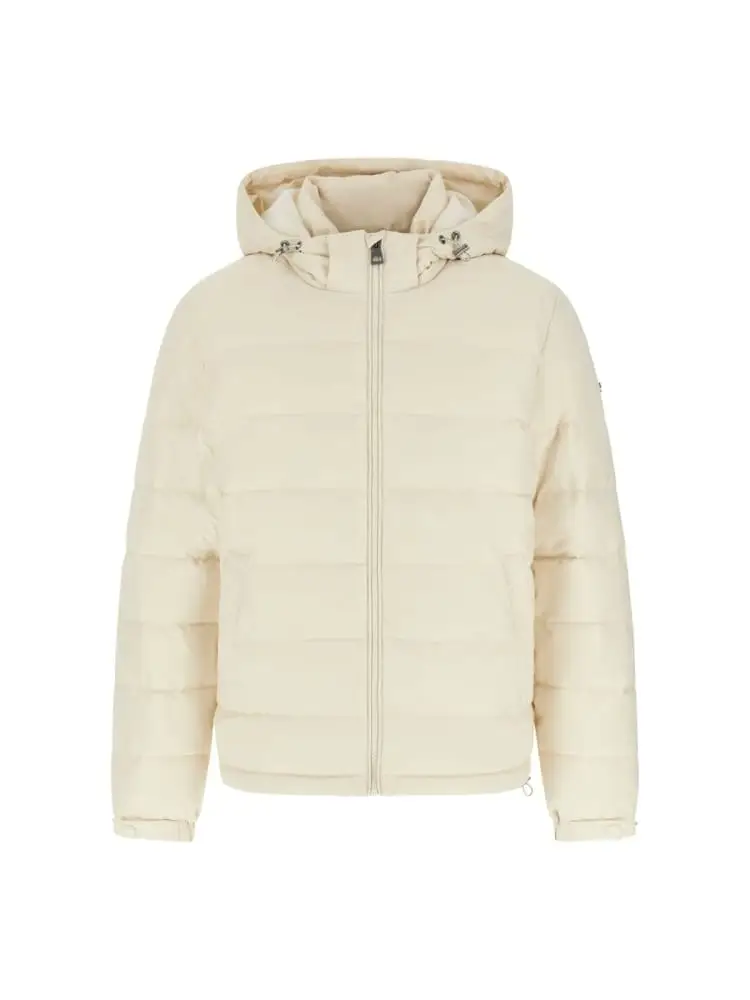 giubbotto con cappuccio in nylon panna logo monogram all over