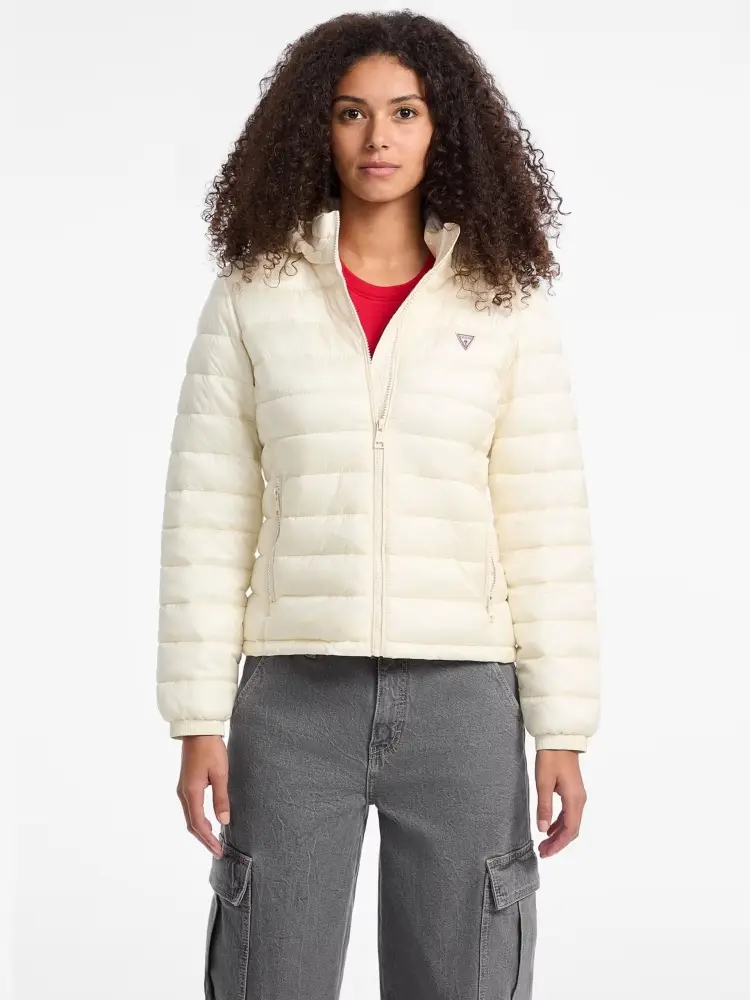 giubbotto crema donna piumino con cappuccio patch logo sul petto