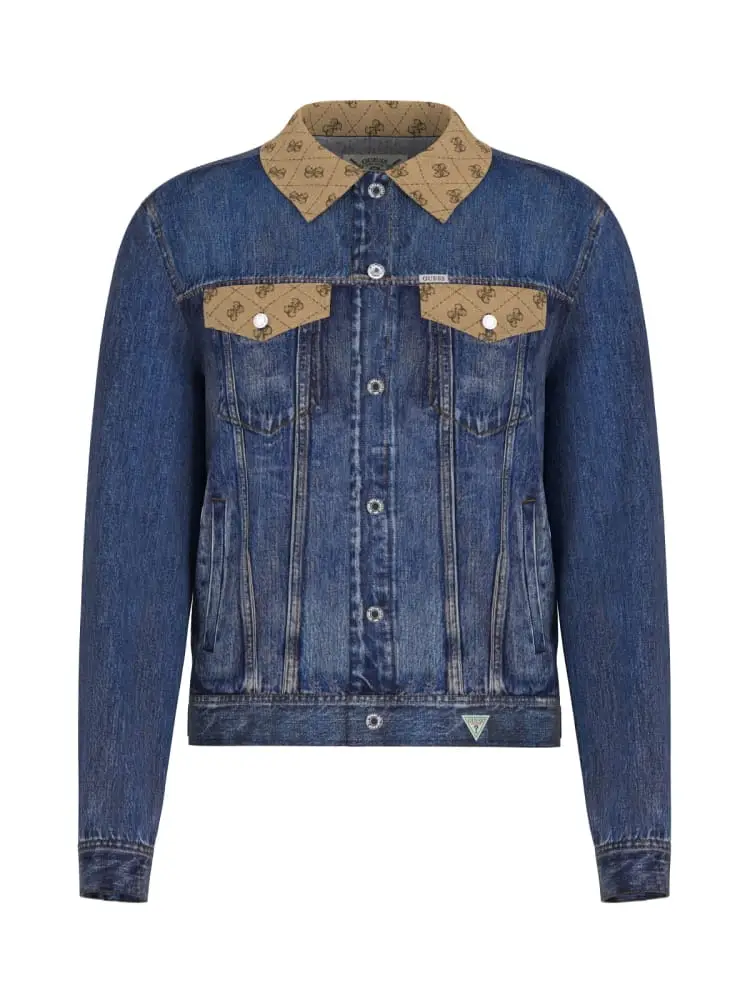 giubbotto dillon in denim medio scuro con colletto e tasche logate
