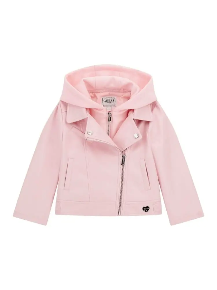 giubbotto infant/kids rosa modello chiodo con chisura laterale e cappuccio in felpa