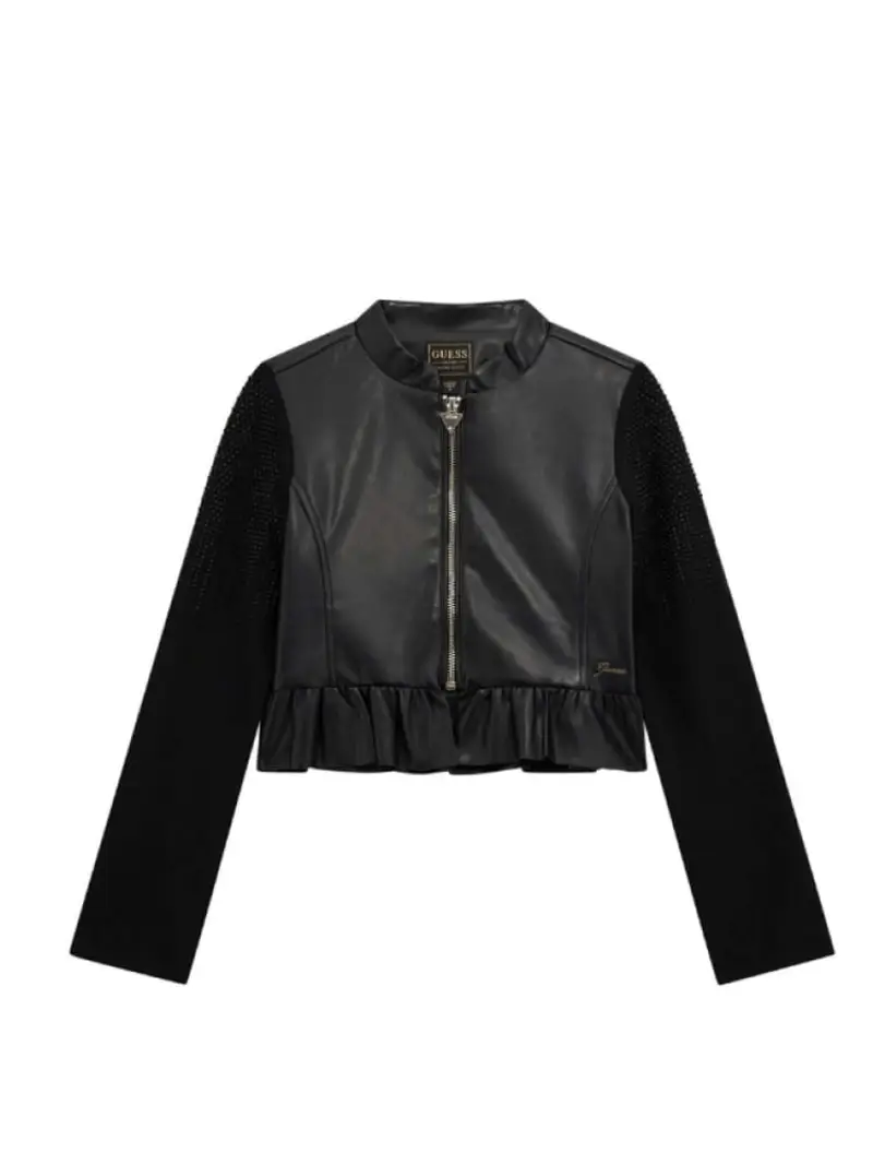 Guess giubbotto nero bambina in similpelle mini logo sul fondo
