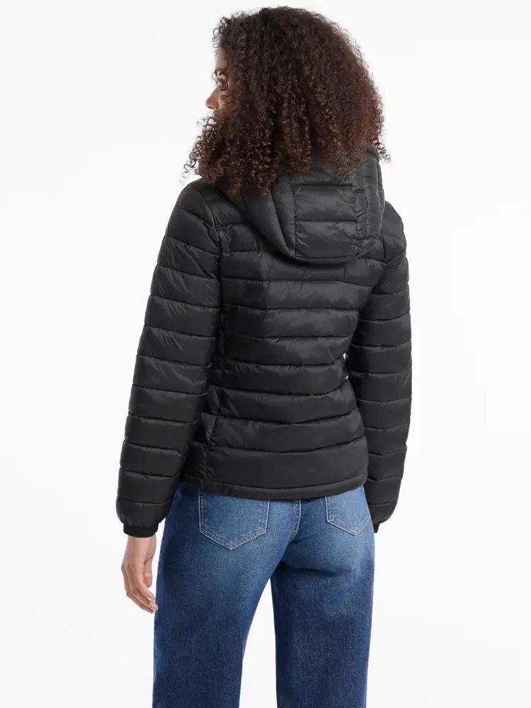 giubbotto nero donna con cappuccio patch logo sul petto miniatura 2