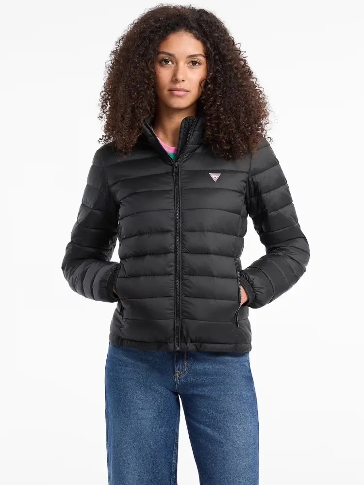 giubbotto nero donna con cappuccio patch logo sul petto