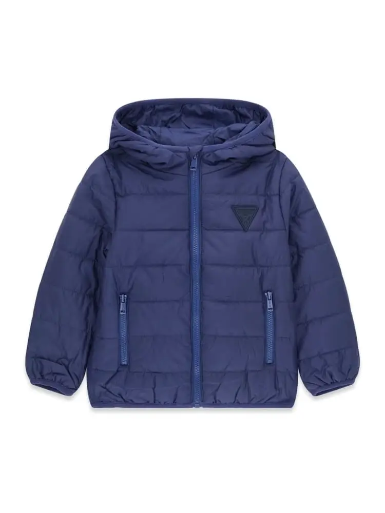 giubbotto piumino con cappuccio blue avio con logo ricamato