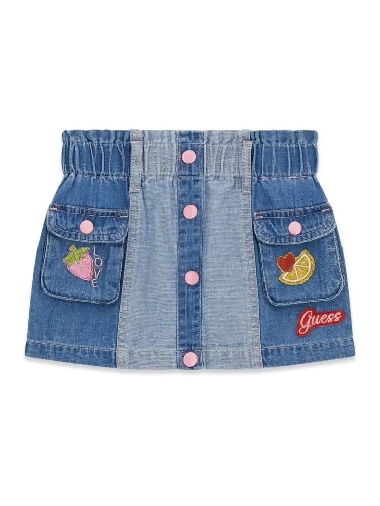 gonna infant/kids in cotone blu con bottoni rosa e ricami frutta