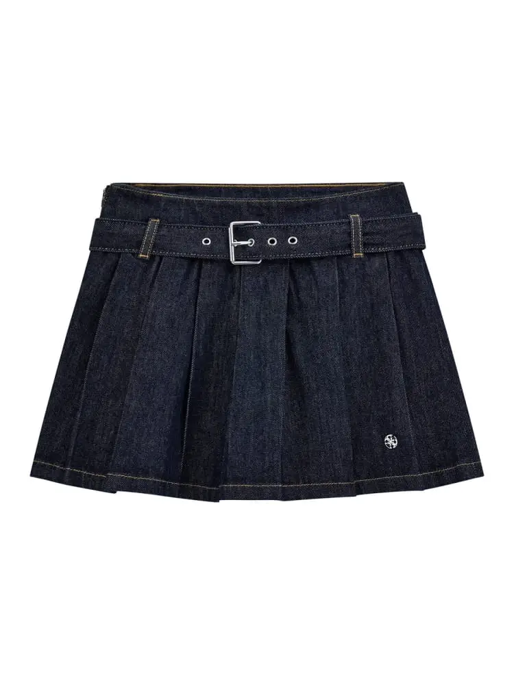 gonna junior in denim plissettata con cintura in vita