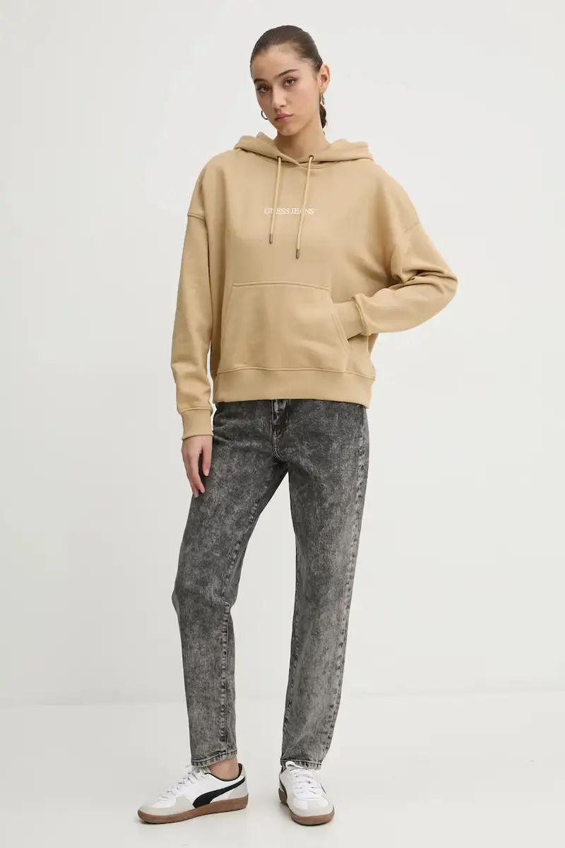 felpa in cotone donna colore beige con cappuccio con applicazione W5RQ27 K68I4 miniatura 2