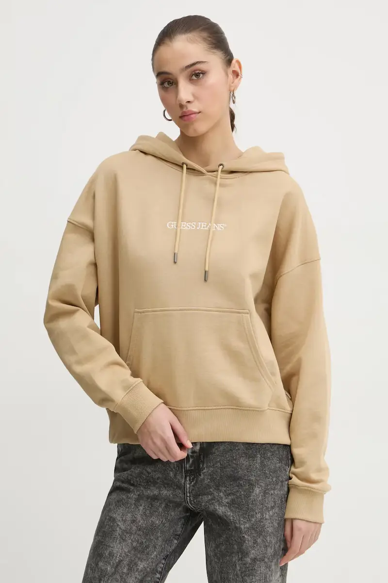 felpa in cotone donna colore beige con cappuccio con applicazione W5RQ27 K68I4