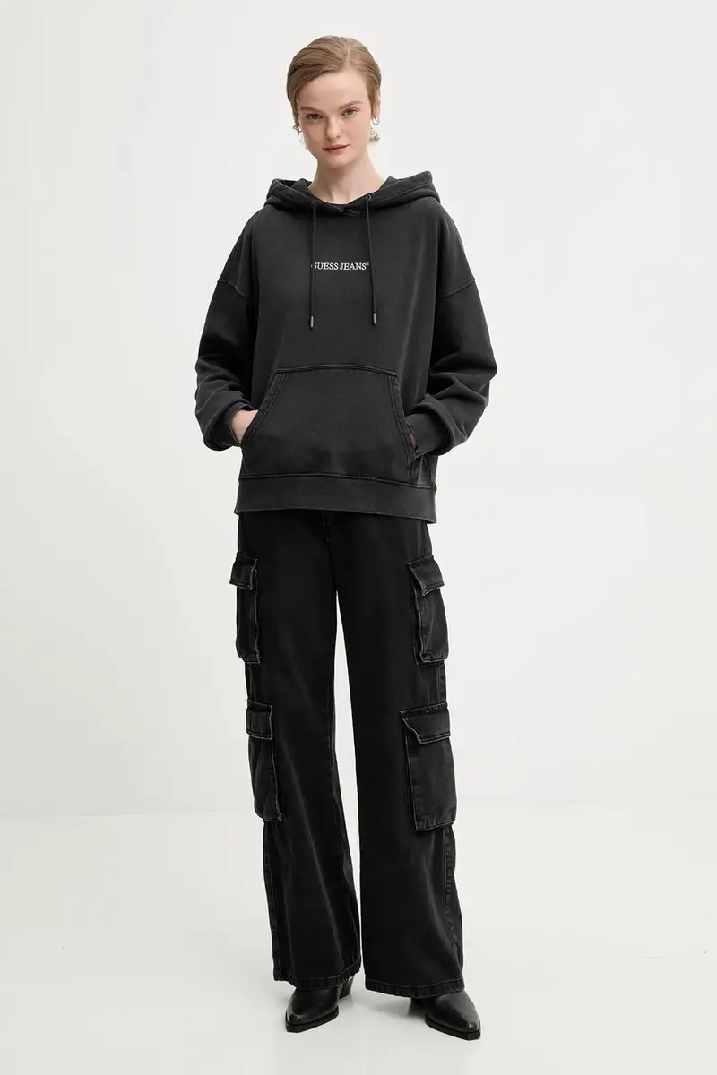 felpa in cotone donna colore nero con cappuccio con applicazione W5BQ15 KCPR1 miniatura 2