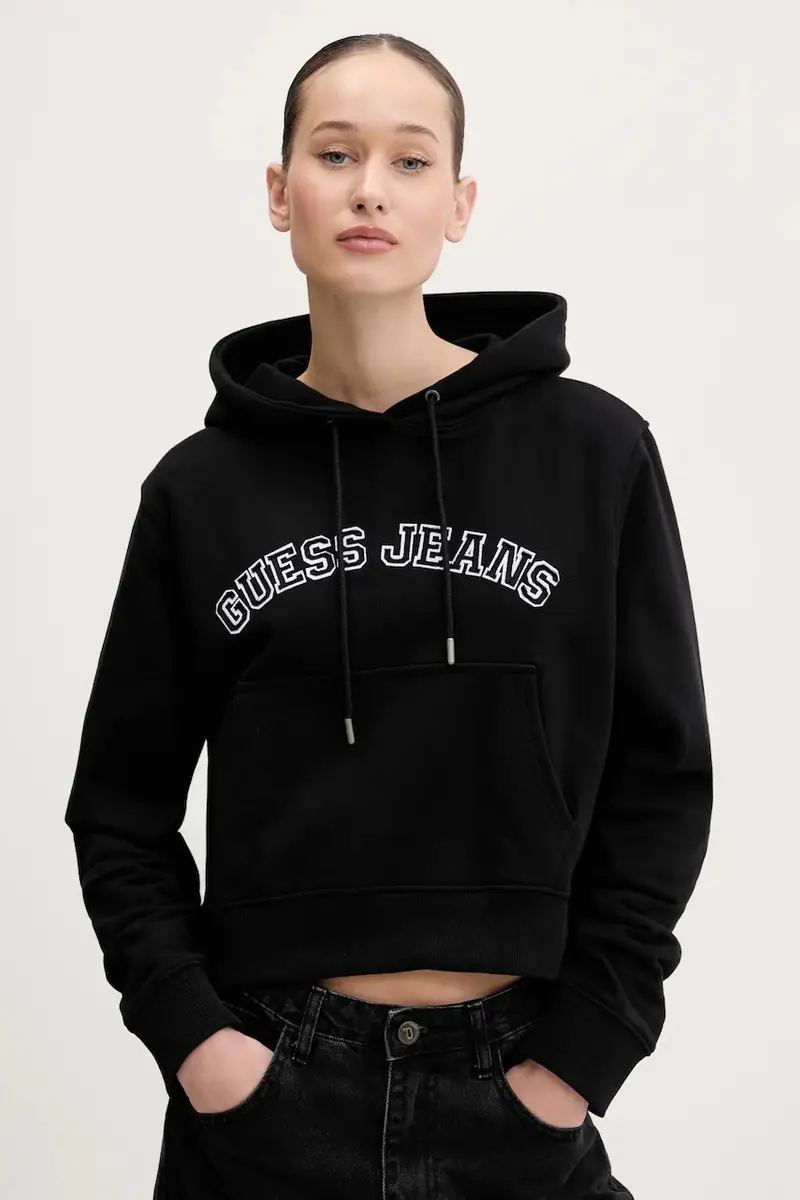 felpa in cotone donna colore nero con cappuccio con applicazione W5GQ22 K68I4