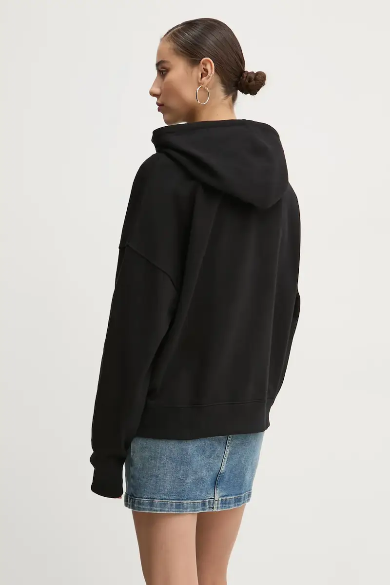 felpa in cotone donna colore nero con cappuccio con applicazione W5RQ27 K68I4 miniatura 2