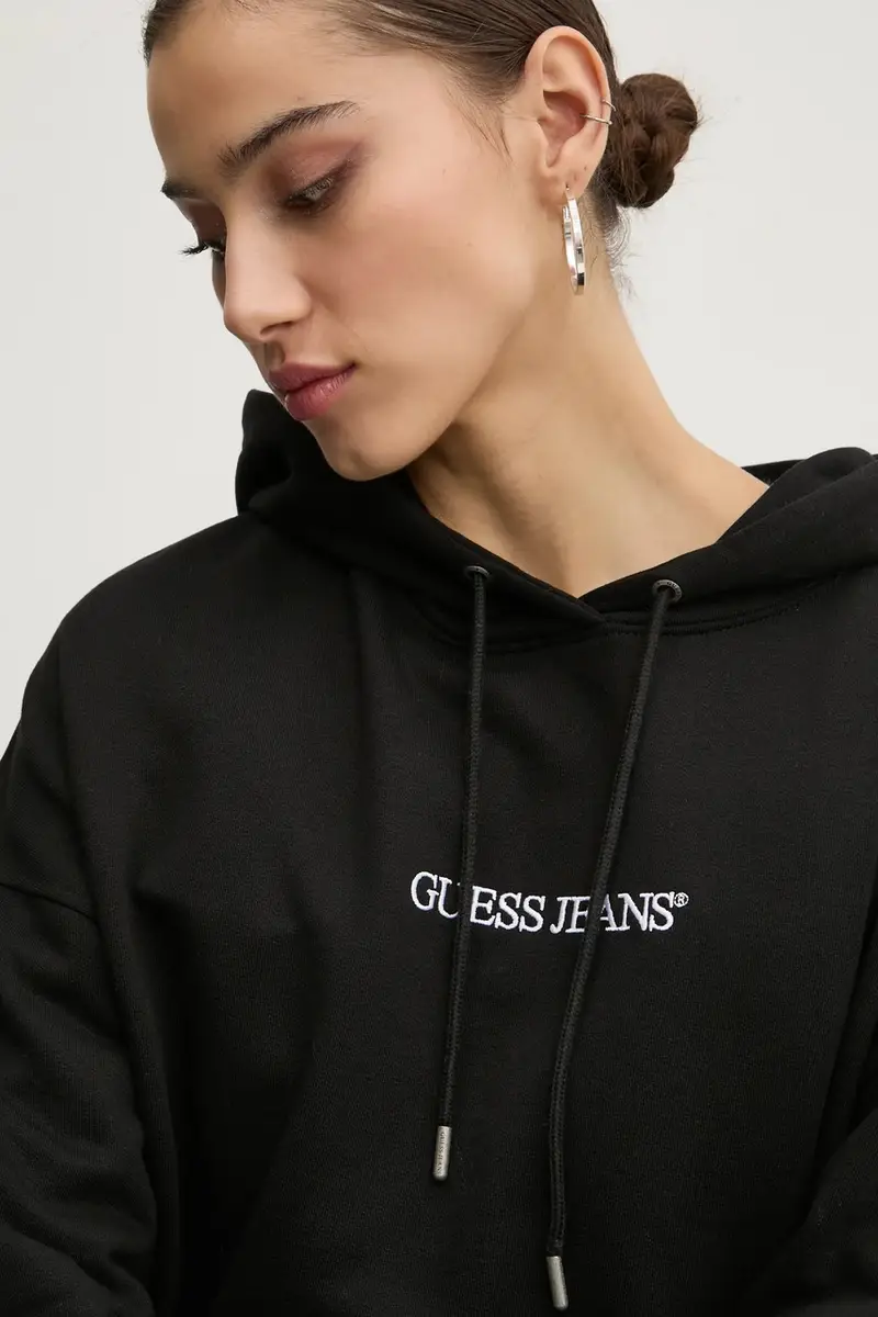 felpa in cotone donna colore nero con cappuccio con applicazione W5RQ27 K68I4 miniatura 3