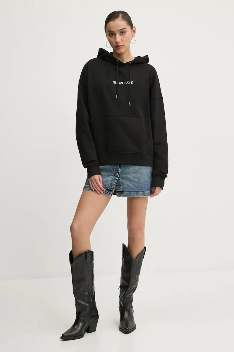 felpa in cotone donna colore nero con cappuccio con applicazione W5RQ27 K68I4