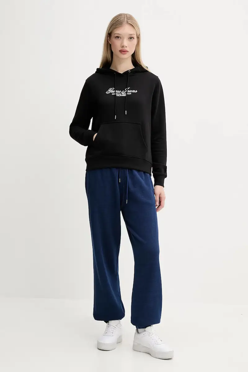 felpa in cotone donna colore nero con cappuccio con applicazione W5YQ13 K68I4 miniatura 2