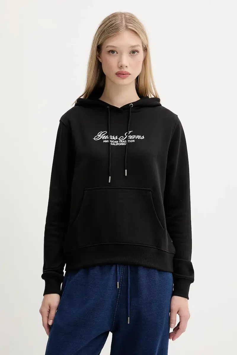 felpa in cotone donna colore nero con cappuccio con applicazione W5YQ13 K68I4