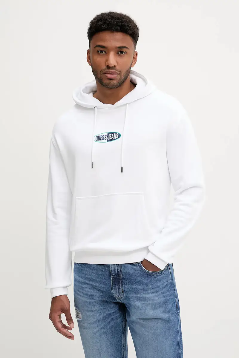 felpa in cotone uomo colore bianco con cappuccio con applicazione M5YQ02 KCPR1