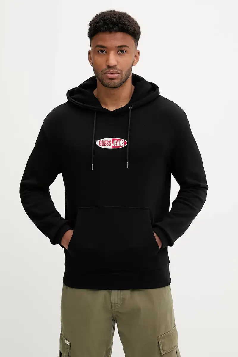 felpa in cotone uomo colore nero con cappuccio con applicazione M5YQ02 KCPR1