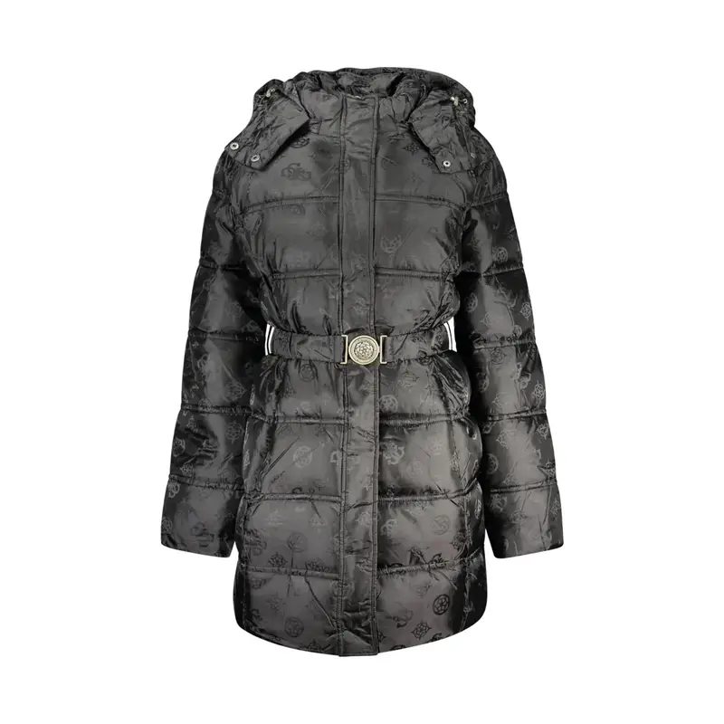 Giubbotto Donna Lungo Cappuccio Cintura Logo Nero