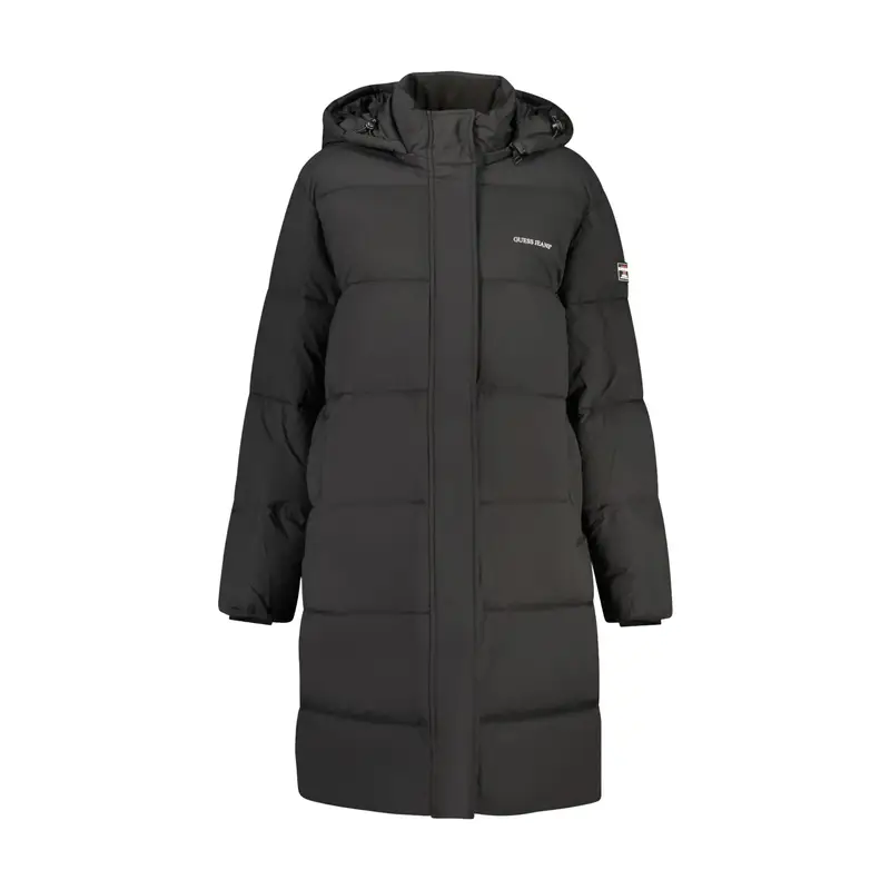 Giubbotto Donna Lungo Imbottito Cappuccio Stampa Logo Nero