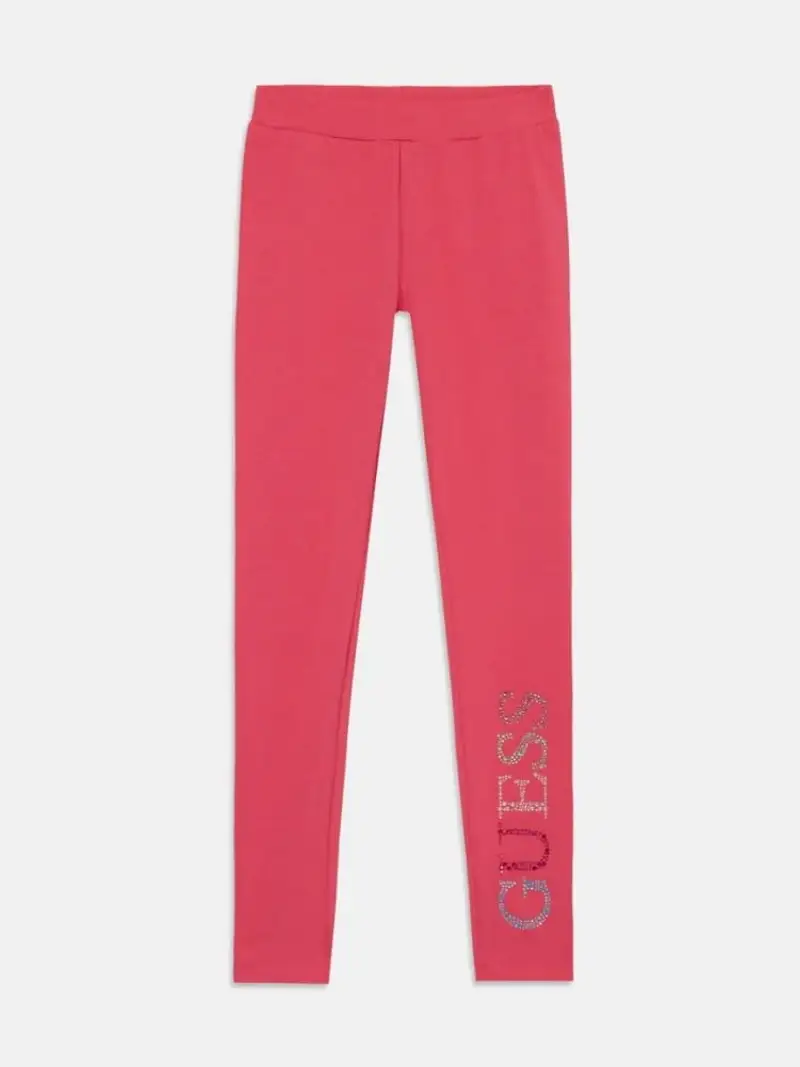 Guess leggings fucsia bambina in cotone logo con strass multicolor sul fondo