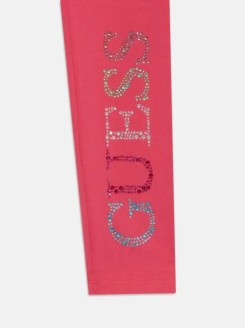 Guess leggings fucsia bambina in cotone logo con strass multicolor sul fondo miniatura 3