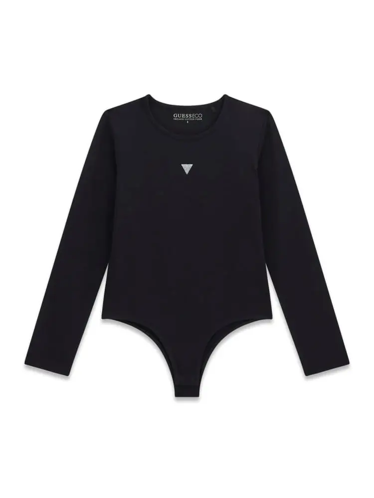 ls body kids/junior in cotone nero con micro logo strass