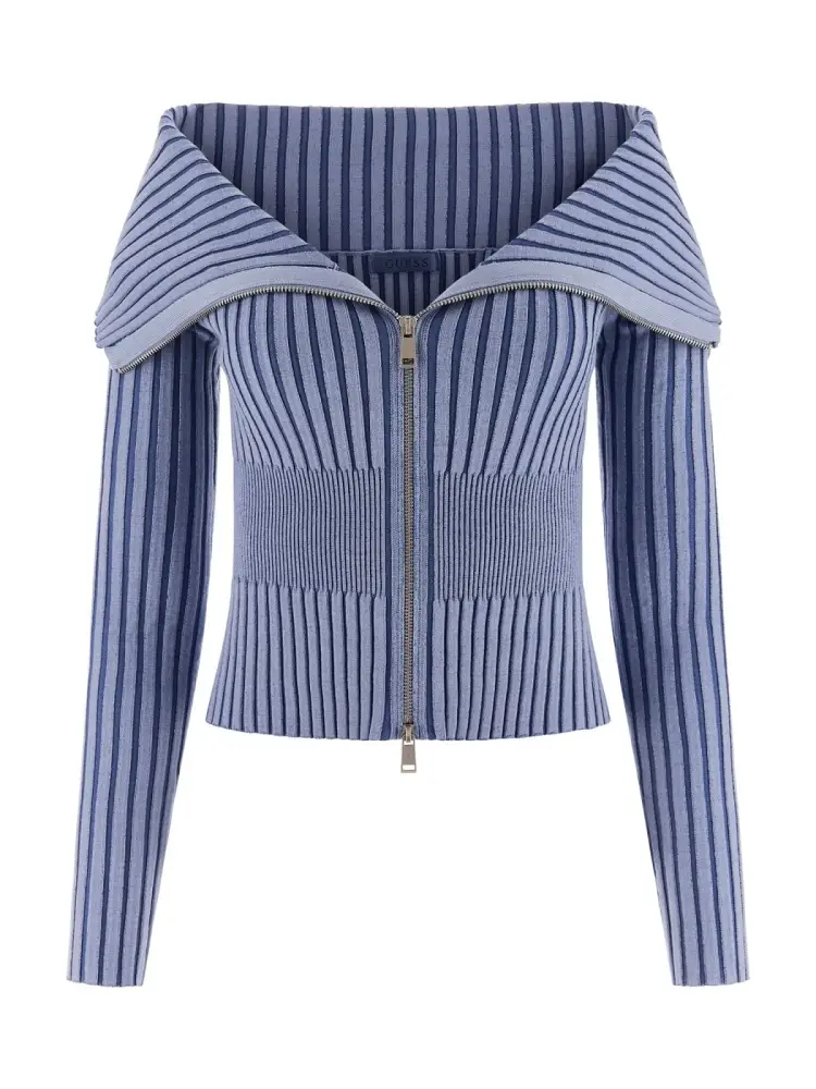 maglia azzurra elasticizzata a costine con zip