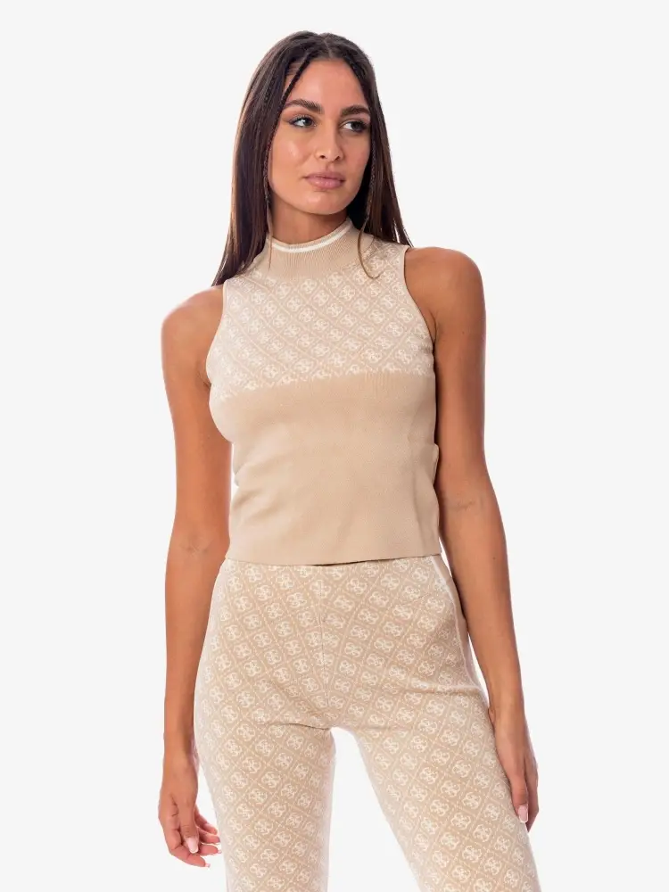 maglia beige chiaro donna in misto viscosa smanicata logo all over