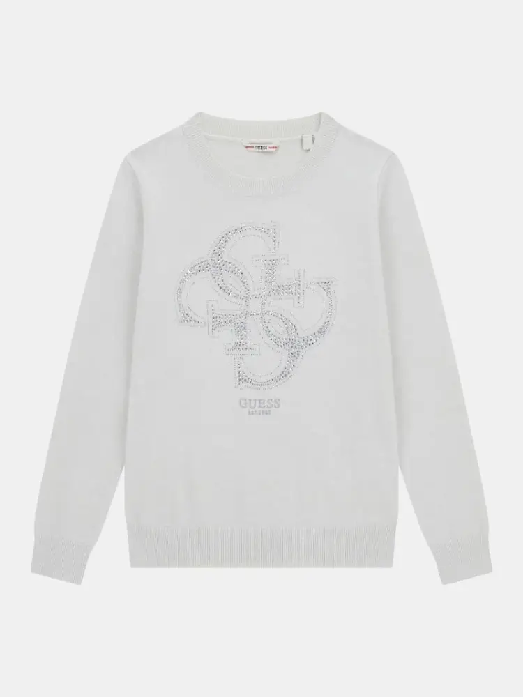 maglia bianca bambina in misto viscosa maxi logo sul davanti con strass