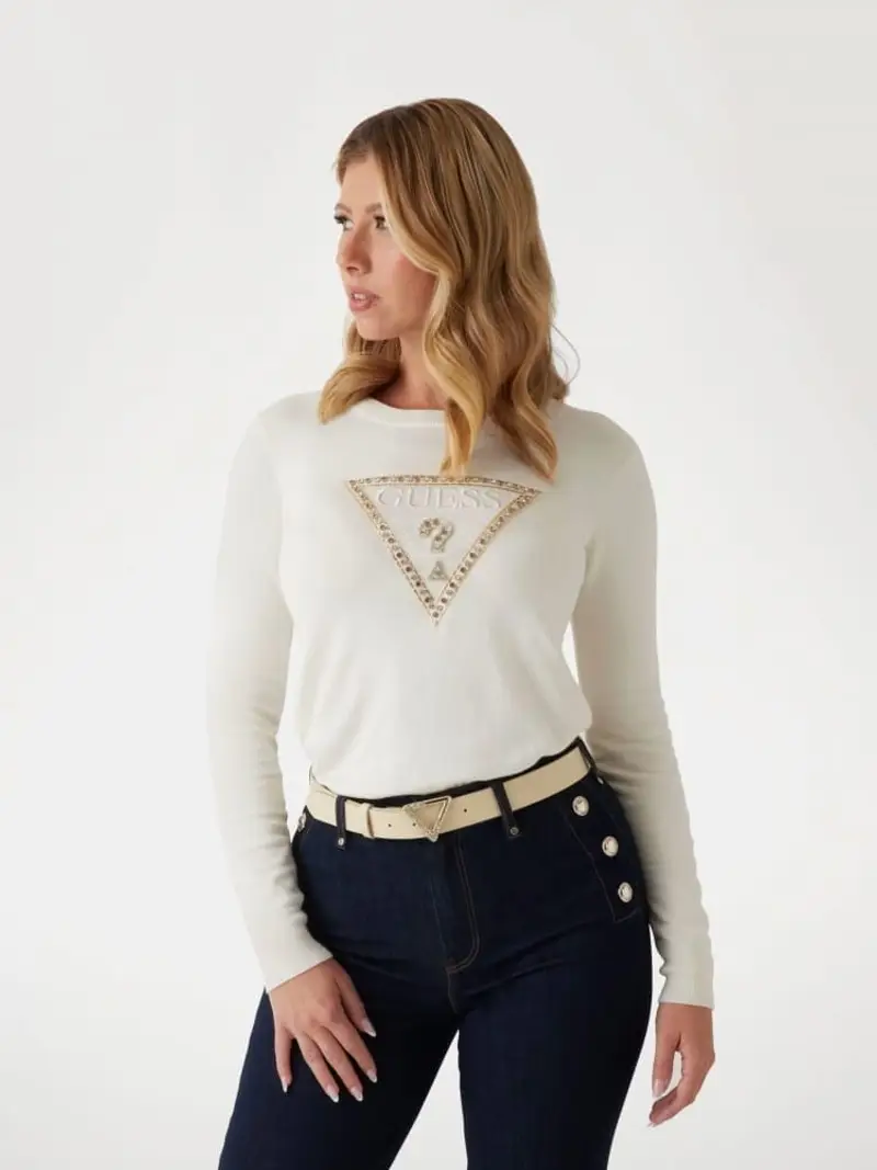 Guess maglia bianca donna in misto viscosa maxi logo ricamato sul davanti