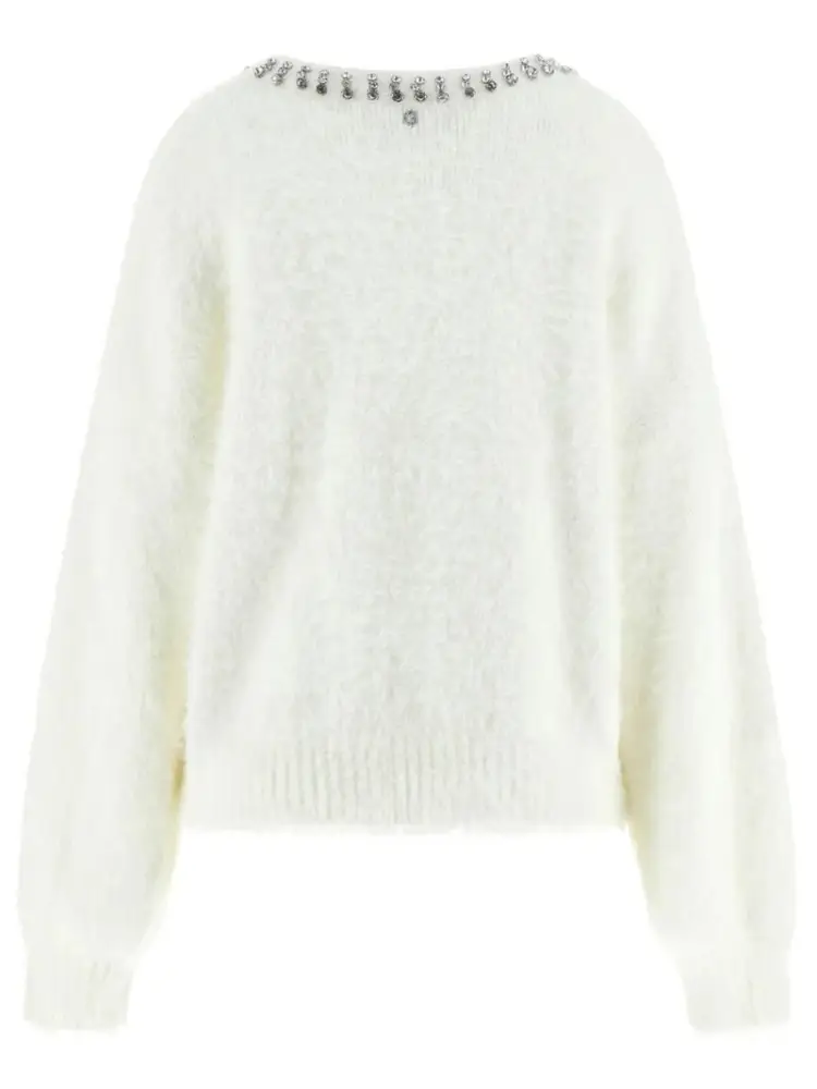 maglia bianca donna in misto viscosa strass sul collo miniatura 2