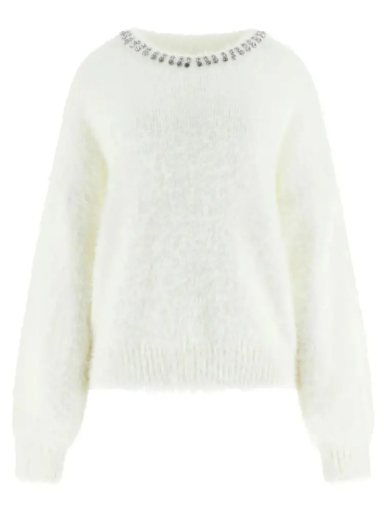 maglia bianca donna in misto viscosa strass sul collo