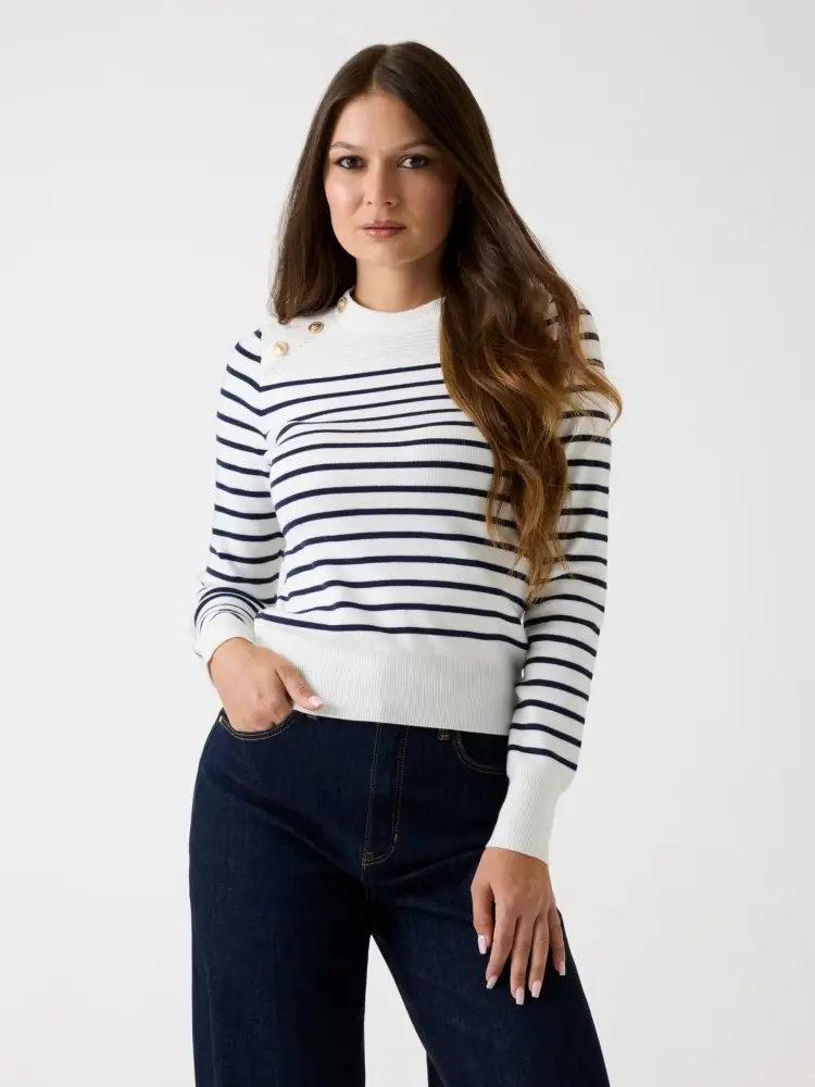 maglia bianca in misto viscosa a righe bottoni con logo