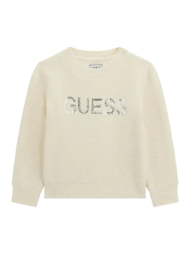 maglia ecru bambina logo con paillettes