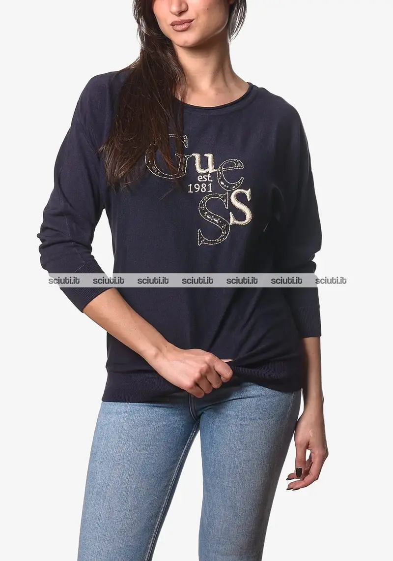 Maglia Guess donna blu scuro ricamo maxi logo