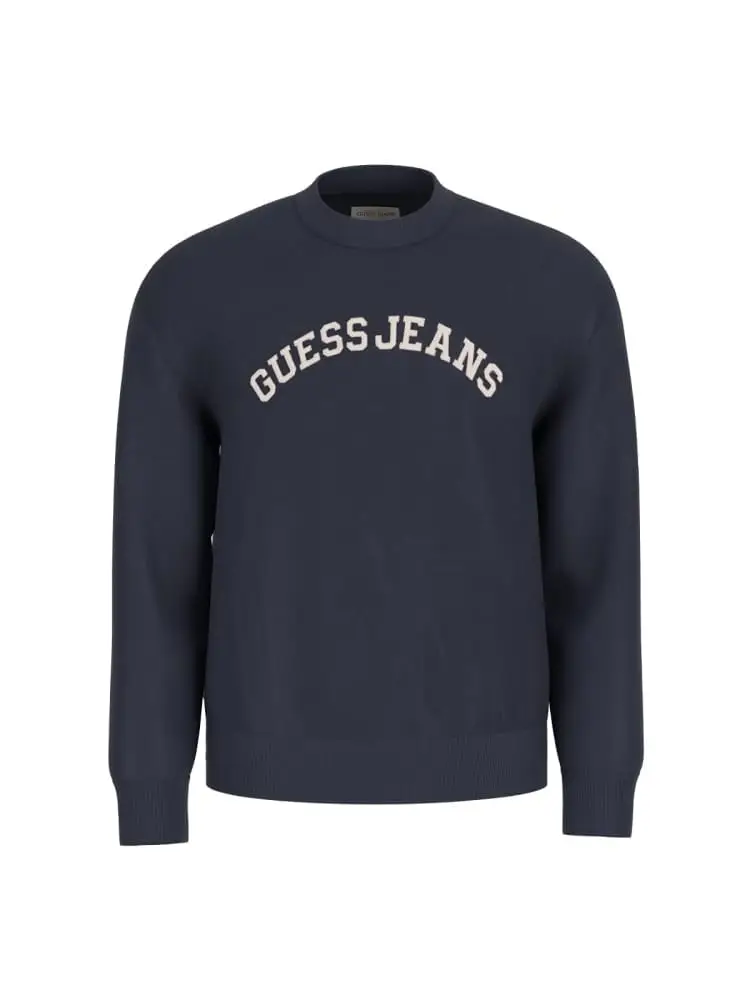 maglia in cotone blu con logo ricamato frontale