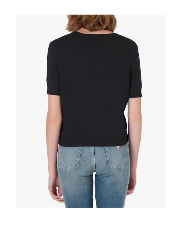 maglia nera donna in cotone logo con paillettes sul davanti miniatura 2