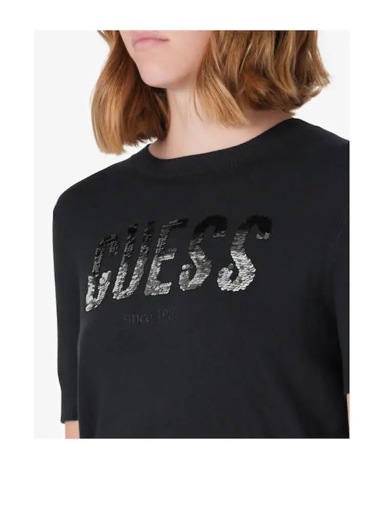 maglia nera donna in cotone logo con paillettes sul davanti miniatura 3