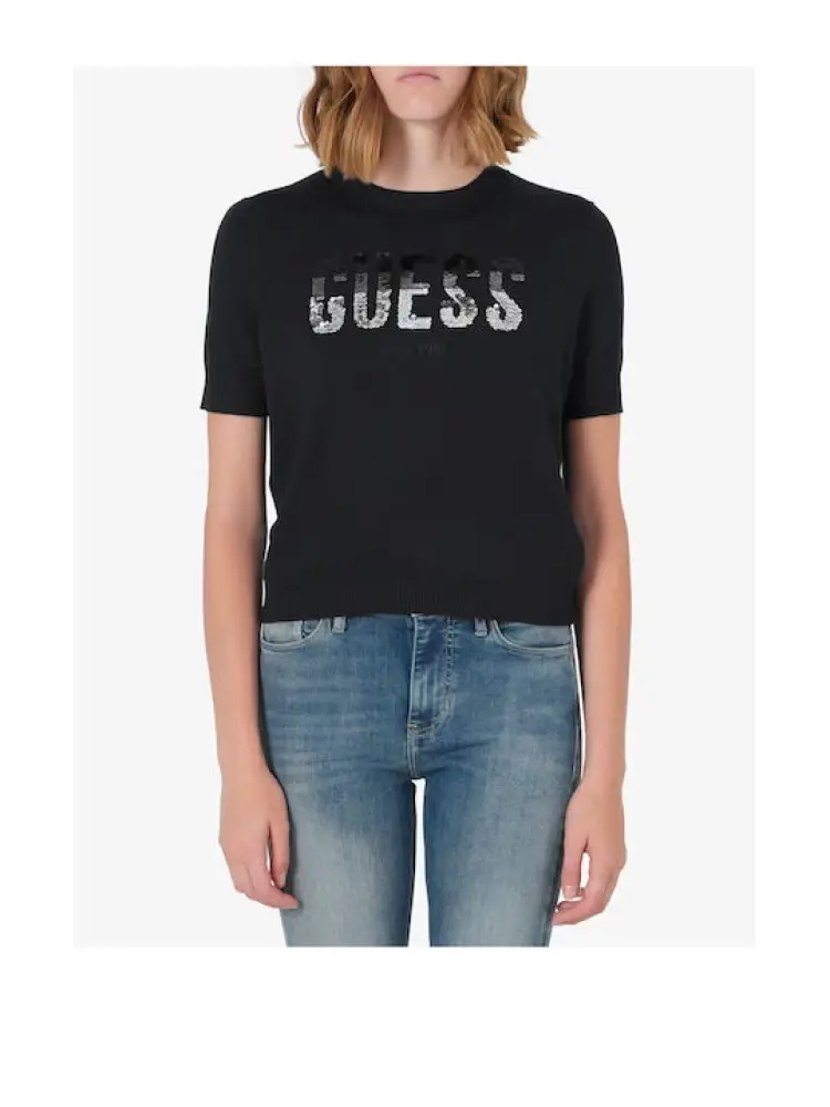 maglia nera donna in cotone logo con paillettes sul davanti
