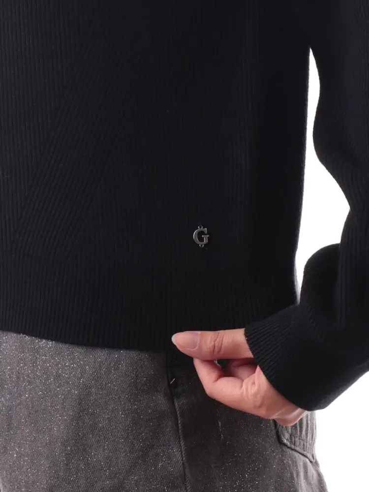 maglia nera donna in misto lana chiusura zip mini logo sul fondo miniatura 3