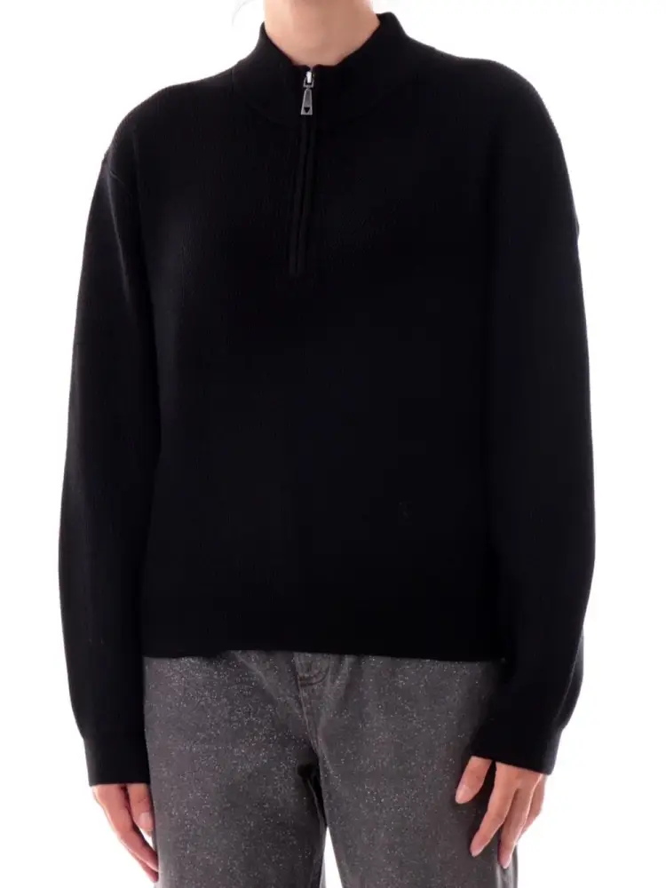maglia nera donna in misto lana chiusura zip mini logo sul fondo