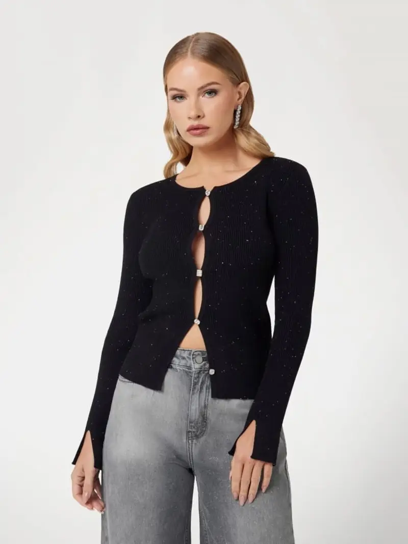 Guess maglia nera donna in misto viscosa bottoni gioiello con glitter