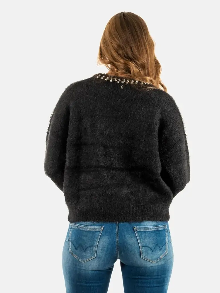 maglia nera donna in misto viscosa con strass sul collo miniatura 2