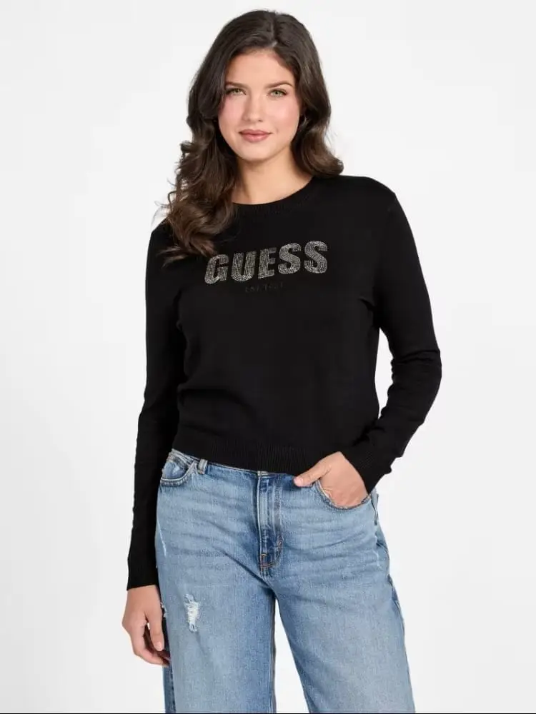 maglia nera donna logo con strass