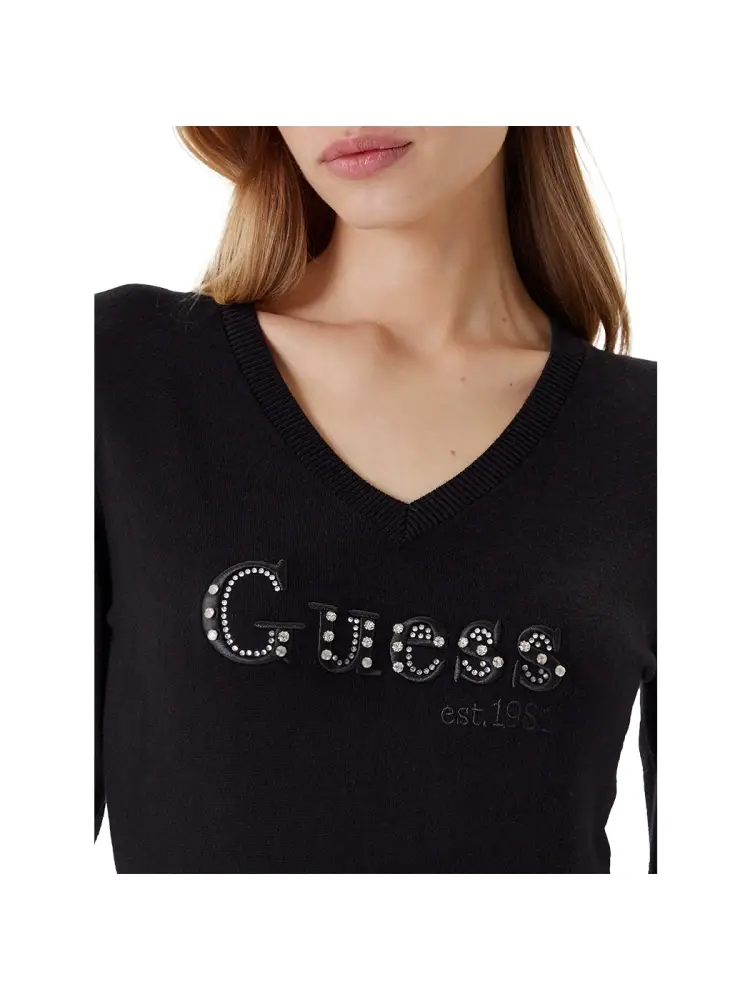 maglia nera donna scollo v in misto viscosa logo con strass miniatura 3