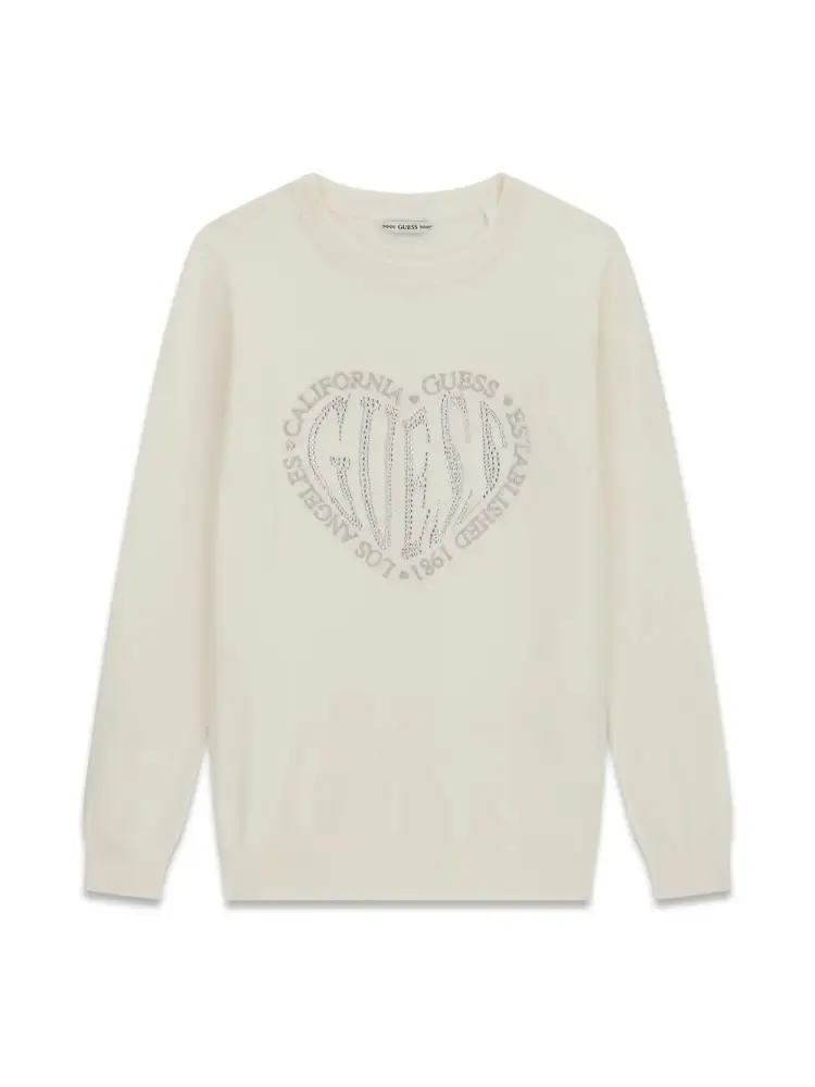 maglia panna bambina in misto viscosa maxi logo con strass sul davanti